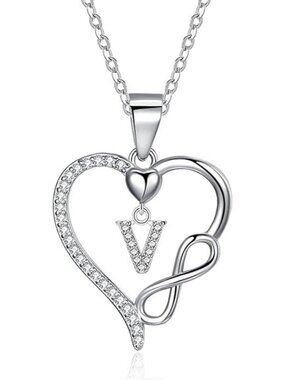 Letter V Dainty 925 Sterling Silver Infinity Heart Initial Necklace
